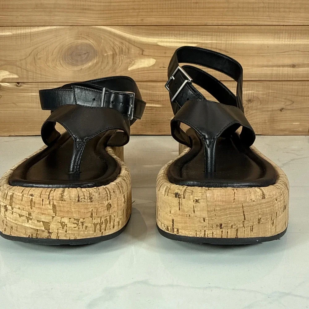 Schutz Tessie Black Leather Cork Platform Thong Sandals Womens 7B Ankle Strap